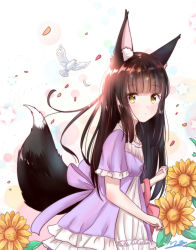Rule 34 | 1girl, alternate costume, animal ears, azur lane, bag, bird, black hair, blunt bangs, casual, collarbone, commentary request, contemporary, dove, eyes visible through hair, flower, fox ears, fox girl, fox tail, from side, handbag, long hair, looking at viewer, looking to the side, m ko (maxft2), nagato (azur lane), parted lips, petals, short sleeves, sidelocks, sunflower, tail, yellow eyes