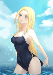 Rule 34 | 1girl, absurdres, adjusting clothes, adjusting swimsuit, blonde hair, blue eyes, blue sky, breasts, cloud, commentary request, competition school swimsuit, cowboy shot, highres, kofune ushio, long hair, medium breasts, necklace, nekonomi, school swimsuit, shell, shell necklace, sky, solo, summertime render, swimsuit, very long hair, water