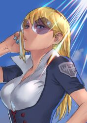 Rule 34 | 1girl, blonde hair, blue-tinted eyewear, blue eyes, blue nails, bodysuit, boku no hero academia, breasts, claire voyance, cleavage, collarbone, collared shirt, mana30row, medium breasts, nail polish, open clothes, shirt, sketch, solo, sunglasses, sunlight, tinted eyewear
