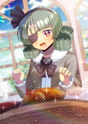 Rule 34 | + +, 100 percent orange juice, 1girl, black hairband, black ribbon, blurry, blurry background, blurry foreground, blush, breasts, brown dress, commentary request, commission, day, depth of field, dress, drooling, eyepatch, food, frilled sleeves, frills, fur collar, green hair, hair ribbon, hairband, hands up, indoors, kou hiyoyo, krilalaris (orange juice), long sleeves, mouth drool, open mouth, red eyes, ribbon, ringlets, skeb commission, small breasts, solo, window