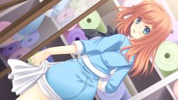 Rule 34 | 1girl, ass, blue eyes, bluette nicolette planquette, blush, dutch angle, eyebrows, game cg, holding, indoors, legs, long sleeves, looking back, mirror, nishimata aoi, orange hair, otome riron to sonogo no shuuhen: belle &eacute;poque, parted lips, short hair, shorts, side ponytail, solo, standing, suzuhira hiro, thighs