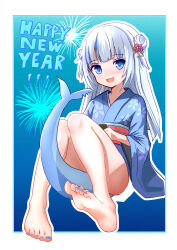 Rule 34 | 1girl, absurdres, bare legs, barefoot, blue background, blue hair, blue kimono, blunt bangs, blush, border, commentary, english commentary, fang, feet, fins, fireworks, fish tail, floral print, full body, gawr gura, gradient background, grey hair, hair ornament, highres, hololive, hololive english, japanese clothes, kimono, knees together feet apart, knees up, legs, long hair, looking at viewer, malnourishd1, multicolored hair, nail polish, obi, open mouth, outline, sash, shadow, shark print, shark tail, shiny skin, sidelocks, sitting, skin fang, soles, solo, streaked hair, tail, tail censor, thighs, toenail polish, toenails, toes, two side up, virtual youtuber, white border, white outline, wide sleeves, yukata
