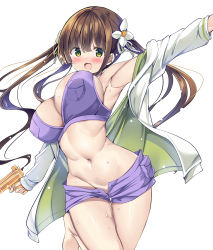 Rule 34 | 1girl, :d, armpits, bad id, bad twitter id, blush, breasts, brown hair, cleavage, commentary request, flower, gochuumon wa usagi desu ka?, green eyes, hair flower, hair ornament, holding, holding water gun, jacket, kurou (quadruple zero), large breasts, long hair, looking at viewer, navel, open clothes, open jacket, open mouth, outstretched arms, purple shorts, shorts, simple background, smile, solo, thighs, twintails, ujimatsu chiya, water gun, wet, white background, white jacket