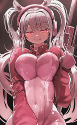 Rule 34 | 1girl, :q, alice (nikke), bodysuit, breasts, closed mouth, covered erect nipples, covered navel, genek, gloves, goddess of victory: nikke, gun, holding, holding gun, holding weapon, large breasts, long hair, long sleeves, looking at viewer, pink bodysuit, pink gloves, red eyes, smile, solo, tongue, tongue out, twintails, weapon, white hair