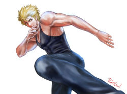 Rule 34 | 1boy, artist name, blonde hair, blue eyes, denim, fighting stance, jacky bryant, jeans, kicking, male focus, md5 mismatch, muscular, pants, pectorals, pink devil, resolution mismatch, short hair, solo, source larger, standing, standing on one leg, tank top, virtua fighter, white background