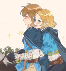 Rule 34 | 1boy, 1girl, :d, blonde hair, blue shirt, blush, braid, brown hair, cape, closed eyes, closed mouth, commentary request, dress shirt, embarrassed, fingerless gloves, from side, gloves, green eyes, grey cape, hood, hood down, hooded cape, hug, hug from behind, link, long sleeves, nintendo, open mouth, own hands together, parted bangs, pointy ears, princess zelda, riding, shirt, sidelocks, simple background, smile, the legend of zelda, the legend of zelda: breath of the wild, the legend of zelda: tears of the kingdom, werlosk, white background