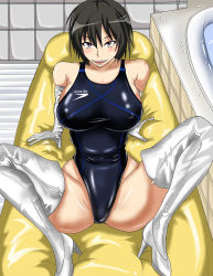 Rule 34 | amagami, black hair, blush, boots, breasts, covered erect nipples, elbow gloves, gloves, high heel boots, high heels, highres, jet yowatari, large breasts, latex, logo, nanasaki ai, school swimsuit, shiny clothes, short hair, sitting, smile, swimsuit, thigh boots, thighhighs, white gloves, white legwear