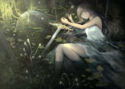 Rule 34 | 1girl, bad id, bad pixiv id, bare arms, blonde hair, dress, expressionless, fantasy, grey eyes, highres, in water, leaning, lily pad, long hair, looking at viewer, orb, original, partially submerged, plant, planted, rock, sitting, sitting on rock, solo, strapless, strapless dress, sword, vines, weapon, wetland, yamada tokihiko