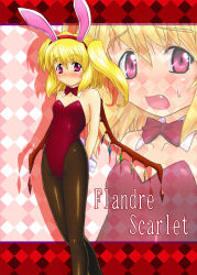 Rule 34 | 1girl, animal ears, blonde hair, blush, rabbit ears, playboy bunny, character name, cocoa (cocoa0191), fang, female focus, fishnet pantyhose, fishnets, flandre scarlet, flat chest, long hair, open mouth, pantyhose, red eyes, solo, touhou, twintails, wings, zoom layer