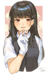 Rule 34 | 1girl, absurdres, black hair, black vest, blush, collared shirt, dated, flower, gloves, hair ornament, hairclip, hayashio (kancolle), highres, holding, holding flower, kantai collection, long hair, looking at viewer, mole, mole under eye, one-hour drawing challenge, open mouth, red eyes, rom (rommmoon), shirt, short sleeves, signature, simple background, solo, upper body, vest, white gloves, white shirt