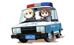 Rule 34 | 2girls, :/, black necktie, blonde hair, blue shirt, blush, brown coat, brown eyes, brown hair, car, closed mouth, coat, collared shirt, commentary request, driving, fuka (kantoku), hair between eyes, hair ribbon, kill me baby, long hair, motor vehicle, multiple girls, necktie, open mouth, oribe yasuna, police, police car, police uniform, policewoman, purple eyes, ribbon, russian text, shirt, short hair, simple background, sonya (kill me baby), steering wheel, twintails, uniform, upper body, white background