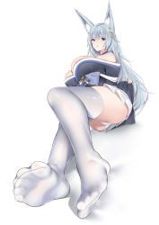 Rule 34 | 1girl, absurdres, animal ear fluff, animal ears, azur lane, bare shoulders, blue collar, blue eyes, blush, breasts, buta tamako, cleavage, collar, feet, foot focus, foreshortening, fox ears, grey hair, hair ornament, highres, huge breasts, japanese clothes, kimono, long hair, looking at viewer, off shoulder, panties, parted lips, shinano (azur lane), sitting, skindentation, soles, solo, thighhighs, thighs, toes, underwear, white background, white panties