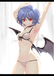 Rule 34 | 1girl, absurdres, armpits, arms up, bat wings, black choker, breasts, choker, collarbone, commentary request, contrapposto, cowboy shot, curtains, day, front-tie top, grey background, grin, hair between eyes, highres, indoors, letterboxed, light blush, looking at viewer, navel, no headwear, purple hair, red eyes, remilia scarlet, short hair, slit pupils, small breasts, smile, solo, standing, sudako (dai011305), touhou, underwear, v-shaped eyebrows, white curtains, window, wings