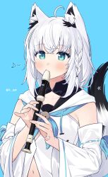 Rule 34 | 14 (vision5032), 1girl, absurdres, ahoge, animal ear fluff, animal ears, blue background, blue eyes, blue neckerchief, blue ribbon, braid, commentary, crossed bangs, detached sleeves, eighth note, flute, fox ears, fox girl, fox tail, highres, holding, holding flute, holding instrument, hololive, hood, hood down, hooded vest, hoodie, instrument, long hair, musical note, neckerchief, pentagram, ribbon, ribbon-trimmed sleeves, ribbon trim, shirakami fubuki, shirakami fubuki (1st costume), single braid, solo, tail, twitter username, vest, virtual youtuber, white hair