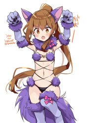 Rule 34 | 1girl, animal ears, artist name, bikini, brown eyes, brown hair, claw pose, commentary request, cosplay, cowboy shot, dated, elbow gloves, flat chest, fumizuki (kancolle), fur-trimmed gloves, fur-trimmed legwear, fur bikini, fur trim, gloves, halloween costume, kantai collection, long hair, mash kyrielight, mash kyrielight (dangerous beast), mash kyrielight (dangerous beast) (cosplay), o-ring, o-ring top, odawara hakone, official alternate costume, one-hour drawing challenge, ponytail, purple bikini, purple gloves, purple legwear, revealing clothes, simple background, solo, swimsuit, tail, white background, wolf ears, wolf girl, wolf tail