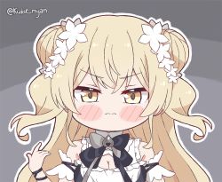 Rule 34 | 1girl, angry, black bow, black bowtie, black shirt, blonde hair, blush stickers, bow, bowtie, chibi, cleavage cutout, clothing cutout, commentary, dark persona, double bun, english commentary, flower, frilled shirt, frills, hair bun, hair flower, hair ornament, hololive, kukie-nyan, long hair, momosuzu nene, shirt, sleeveless, sleeveless shirt, solo, twitter username, two side up, v-shaped eyebrows, virtual youtuber, yellow eyes