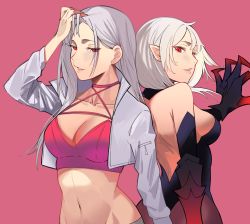 Rule 34 | 2girls, absurdres, arm up, back, black dress, breasts, character request, cleavage, collarbone, crop top, demon girl, dress, from side, grey hair, hand in own hair, highres, jacket, long hair, looking at viewer, lost ark, medium breasts, medium hair, multiple girls, navel, open clothes, open jacket, open mouth, parted lips, pink background, pink tank top, pointy ears, red eyes, sideboob, talnory, tank top, upper body, white hair, white jacket