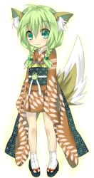 Rule 34 | animal ears, braid, fox ears, fox tail, green hair, japanese clothes, kimono, original, saitou kon, shingetsu takehito, solo, tail