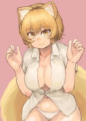 Rule 34 | 1girl, absurdres, animal ears, blonde hair, breasts, chanta (ayatakaoisii), cleavage, collared shirt, cowboy shot, fox ears, fox tail, hands up, highres, large breasts, looking at viewer, multiple tails, navel, panties, partially unbuttoned, pink background, shirt, short hair, short sleeves, simple background, solo, tail, touhou, underwear, white panties, white shirt, yakumo ran, yellow eyes