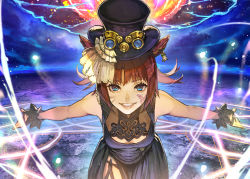 Rule 34 | 1girl, animal ears, black mage (final fantasy), blue eyes, breasts, brown hair, cat ears, cleavage cutout, clothing cutout, cowboy shot, dress, earrings, facial mark, final fantasy, final fantasy xiv, gloves, hat, hide (hideout), jewelry, leaning forward, magic circle, medium breasts, meteor, miqo&#039;te, mole, mole under eye, side slit, sleeveless, sleeveless dress, smile, solo, top hat, warrior of light (ff14), whisker markings