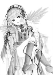 Rule 34 | 00s, boots, candy, chair, dress, food, graphite (medium), greyscale, hairband, knee boots, lollipop, long hair, megumi (piyo7piyo9), monochrome, open mouth, rozen maiden, sitting, solo, suigintou, swirl lollipop, tongue, traditional media, wings