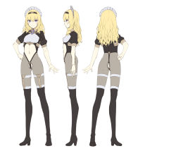 Rule 34 | 1girl, back, black footwear, black hairband, blush, boots, character sheet, closed mouth, clothing cutout, covered erect nipples, eden&#039;s ritter grenze, eden grenze, hair between eyes, hairband, hand on own hip, high heels, kageshio (276006), knee boots, long hair, maid headdress, multiple views, navel, navel cutout, pantyhose, profile, puffy sleeves, purple eyes, simple background, sketch, stomach cutout, thigh strap, white background