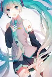 Rule 34 | 1girl, aqua eyes, aqua hair, bad id, bad pixiv id, detached sleeves, funota, hand on own chest, hatsune miku, headset, long hair, nail polish, necktie, open mouth, skirt, solo, thighhighs, twintails, very long hair, vocaloid