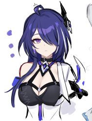 Rule 34 | 1girl, acheron (honkai: star rail), ahoge, black choker, breasts, choker, cleavage, commentary, hair ornament, highres, honkai: star rail, honkai (series), large breasts, long hair, looking at viewer, mini2chainz, parted lips, purple eyes, purple hair, simple background, single bare shoulder, solo, upper body, white background
