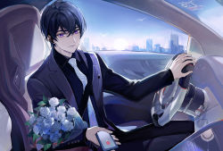 Rule 34 | 1boy, absurdres, black jacket, black shirt, blue sky, bouquet, car, car interior, car seat, city, closed mouth, earpiece, earrings, flower, formal, highres, holding, holding phone, jacket, jewelry, laoyepo, long sleeves, looking at viewer, marius von hagen (tears of themis), motor vehicle, necktie, phone, polo shirt, purple eyes, purple hair, rose, seatbelt, shirt, sky, smile, solo, tears of themis, white flower, white necktie, white rose