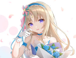 Rule 34 | 1girl, arm garter, blonde hair, blush, bouquet, civia, collarbone, crying, crying with eyes open, flower, gloves, hair ornament, headband, holding, holding bouquet, hololive, hololive china, horns, jewelry, kebin no shio amaou, long hair, necklace, parted bangs, purple eyes, single horn, sleeveless, smile, solo, tears, unicorn girl, virtual youtuber, white gloves