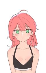 Rule 34 | 1girl, ahoge, blush, breasts, closed mouth, copyright request, green eyes, looking at viewer, medium hair, milim nova, mole, mole on breast, mole under eye, shoulder blush, simple background, small breasts, solo, sports bra, white background