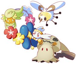 Rule 34 | blush stickers, bounsweet, cherubi, closed mouth, comfey, commentary, conmimi, creature, creatures (company), cutiefly, english commentary, eye contact, flabebe, flabebe (blue flower), flower, flying, full body, game freak, gen 4 pokemon, gen 6 pokemon, gen 7 pokemon, holding, holding flower, looking at another, mimikyu, nintendo, no humans, pokemon, pokemon (creature), simple background, smile, standing, tears, white background