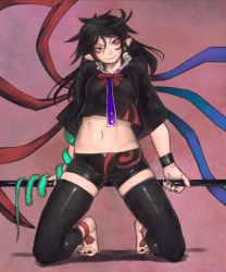 Rule 34 | 1girl, adapted costume, asymmetrical wings, barefoot, black hair, black nails, bow, bowtie, breasts, envenomist (gengoroumaru), hair between eyes, head tilt, houjuu nue, kneeling, long hair, looking at viewer, midriff, nail polish, navel, nostrils, pointy ears, polearm, polearm behind back, purple background, red bow, red bowtie, red eyes, shadow, shorts, simple background, sleeves past elbows, small breasts, snake, solo, thighhighs, toenail polish, toenails, touhou, v-shaped eyebrows, weapon, wide sleeves, wings, wristband