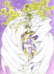 Rule 34 | 1990s (style), 1boy, 1girl, bishounen, blonde hair, bridal gauntlets, circlet, clamp, coat, dress, eagle vision, emeraude (rayearth), closed eyes, gown, long hair, magic knight rayearth, official art, princess, purple background, rayearth ova, retro artstyle, white hair