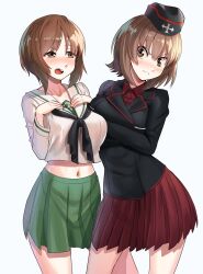 Rule 34 | 2girls, black headwear, black jacket, black neckerchief, blouse, blush, brown eyes, brown hair, collared shirt, cropped shirt, crossed arms, dress shirt, frown, garrison cap, girls und panzer, glaring, green skirt, half-closed eyes, hands on own chest, hat, head tilt, highres, insignia, jacket, kuromorimine military uniform, lapels, long sleeves, looking at another, midriff, military hat, military uniform, miniskirt, multiple girls, navel, neckerchief, nico-mo, nishizumi maho, nishizumi miho, notched lapels, ooarai school uniform, open mouth, pleated skirt, red shirt, red skirt, sailor collar, school uniform, serafuku, shirt, short hair, siblings, side-by-side, sisters, skirt, smile, uniform, v-shaped eyebrows, white sailor collar, white shirt