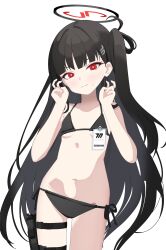 Rule 34 | 1girl, absurdres, aged down, angry, aventador, bikini, black bikini, black hair, blue archive, blunt bangs, blush, bright pupils, closed mouth, cowboy shot, flat chest, hair ornament, hairclip, halo, hands up, highres, id card, long hair, looking at viewer, micro bikini, red eyes, rio (blue archive), simple background, solo, stomach, swimsuit, very long hair, white background, white pupils