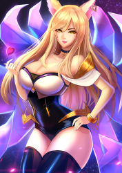 Rule 34 | ahri (league of legends), animal ears, black thighhighs, blonde hair, breasts, bustier, choker, cleavage, cowboy shot, earrings, facial mark, fox ears, fox tail, hand on own hip, heart, heart earrings, highres, jewelry, k/da (league of legends), k/da ahri, large breasts, league of legends, legs together, long hair, multiple tails, rothy (user cezn8425), single earring, solo, swept bangs, tagme, tail, thighhighs, thighs, very long hair, whisker markings, yellow eyes