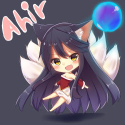 Rule 34 | &gt;:d, 1girl, :d, ahri (league of legends), animal ears, ball, bare shoulders, barefoot, black hair, blush, breasts, brown eyes, character name, chibi, cleavage, detached sleeves, artistic error, fox ears, fox tail, full body, grey background, league of legends, long hair, looking at viewer, multiple tails, open mouth, ryu narb, simple background, smile, solo, tail, typo, v-shaped eyebrows, yellow eyes