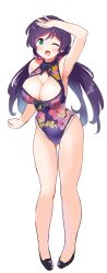 Rule 34 | 1girl, arm up, armpits, breasts, chinese clothes, cleavage, cleavage cutout, clothing cutout, green eyes, highres, kurokawa makoto, long hair, love live!, one eye closed, purple hair, smile, solo, thighhighs, thighs, third-party edit, tojo nozomi, twintails