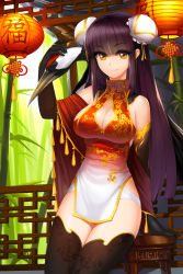 Rule 34 | 1girl, bamboo, bare shoulders, bird, black gloves, black hair, black thighhighs, breasts, character request, china dress, chinese clothes, chinese lantern, cleavage, cleavage cutout, clothing cutout, crane (animal), double bun, dress, elbow gloves, gloves, hair bun, highres, holding, large breasts, long hair, looking at viewer, purple hair, red-crowned crane, smile, snowball22, solo, sword girls, thighhighs, weapon, yellow eyes