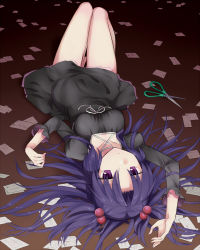 Rule 34 | 00s, 1girl, ayamoto, blue hair, clannad, dress, hair bobbles, hair ornament, ichinose kotomi, long hair, lying, paper, purple hair, scissors, solo, twintails, two side up