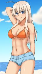 Rule 34 | 1girl, abs, bikini, blonde hair, blue eyes, blush, breasts, groin, hachimitsu-b, hanna-justina marseille, large breasts, navel, short shorts, shorts, solo, strike witches, swimsuit, toned, world witches series