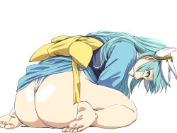 Rule 34 | 1girl, aqua hair, ass, bare legs, barefoot, blue kimono, bow, closed mouth, clothes lift, fate/grand order, fate (series), from behind, fundoshi, horns, ishii hisao, japanese clothes, kimono, kimono lift, kiyohime (fate), large bow, leaning forward, long hair, looking at viewer, looking back, obi, profile, sash, simple background, sitting, soles, solo, toes, very long hair, wariza, white background, yellow bow, yellow eyes