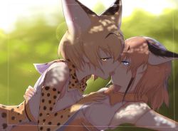 Rule 34 | 10s, 2girls, animal ears, backlighting, bad id, bad twitter id, blonde hair, blue eyes, blurry, bow, bowtie, brown hair, caracal (kemono friends), dappled sunlight, day, depth of field, elbow gloves, extra ears, french kiss, gloves, glowing, hand on another&#039;s back, hand on another&#039;s chest, highres, kemono friends, kiss, lens flare, looking at viewer, multiple girls, outdoors, print gloves, print neckwear, serval (kemono friends), serval print, shade, shirt, short hair, sleeveless, sleeveless shirt, sunlight, svelgr (hre), tongue, tongue out, traditional bowtie, yellow eyes, yellow gloves, yellow neckwear, yuri