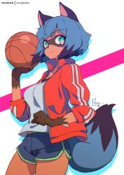 Rule 34 | 1girl, animal ears, ball, basketball, basketball (object), black hair, black shorts, blue hair, body fur, brand new animal, breasts, closed mouth, cowboy shot, furry, furry female, green eyes, holding, holding ball, hong (white spider), jacket, kagemori michiru, long sleeves, looking at viewer, medium breasts, multicolored hair, patreon logo, patreon username, raccoon ears, raccoon girl, raccoon tail, red jacket, shadow, short hair, shorts, simple background, smile, solo, tail, track jacket, watermark, white background