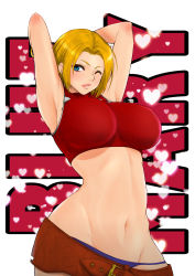 Rule 34 | 1girl, armpits, arms behind head, blonde hair, blue eyes, blue mary, breasts, fatal fury, highres, large breasts, lips, lipstick, makeup, navel, one eye closed, panties, parted lips, purple panties, short hair, sleeveless, smile, snk, solo, the king of fighters, thick thighs, thighhighs, thighs, underwear, wink