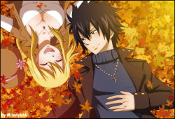 Rule 34 | 1boy, 1girl, ^ ^, artist name, autumn leaves, blush, breasts, cleavage, cross, closed eyes, fairy tail, gray fullbuster, highres, jewelry, lucy heartfilia, milady666, necklace, open mouth, smile