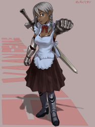 Rule 34 | 00s, 1girl, apron, braid, breasts, character name, cleavage, dark-skinned female, dark skin, elf, elvaan, final fantasy, final fantasy xi, full body, hair between eyes, head tilt, lace-trimmed apron, lace trim, maid, pointy ears, red background, single braid, solo, standing, weapon, weapon on back