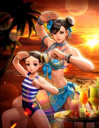 Rule 34 | 2girls, beach, bikini, blue bikini, blue choker, blue sarong, breasts, brown eyes, brown hair, capcom, child, choker, chun-li, clenched hand, clenched hands, cocktail glass, cup, double bun, drinking glass, dusk, fighting stance, flower, front-tie bikini top, front-tie top, hair bun, hair flower, hair ornament, hair ribbon, hibiscus, lens flare, li-fen, looking at another, medium breasts, mother and daughter, multiple girls, navel, ocean, official alternate costume, official art, one-piece swimsuit, parted hair, ribbon, sarong, short hair, street fighter, street fighter v, striped, studded bracelet, sunset, swept bangs, swimsuit, the king of fighters all-stars, thick thighs, thighs, toned