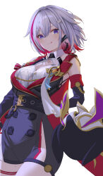 Rule 34 | 1girl, :q, absurdres, belt, black belt, black dress, blue eyes, breasts, buttons, collared shirt, colored inner hair, commentary, cowboy shot, double-breasted, dress, earpiece, elbow gloves, gloves, hair ornament, highres, honkai: star rail, honkai (series), large breasts, licking lips, looking at viewer, mole, mole on thigh, multicolored hair, numby (honkai: star rail), red hair, shirt, short hair, simple background, smile, solo, thigh strap, thighs, tongue, tongue out, topaz (honkai: star rail), trotter (honkai: star rail), two-tone hair, white background, white hair, white shirt, xia 0328